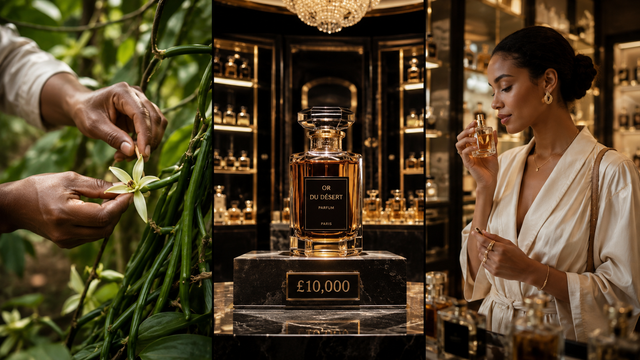 Triptych showing vanilla hand-pollination, a luxury perfume boutique and a consumer buying fragrance.