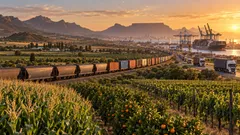 South African maize, citrus and vineyard production linked by freight rail and road to a container port, illustrating the logistics cost carried by agriculture.