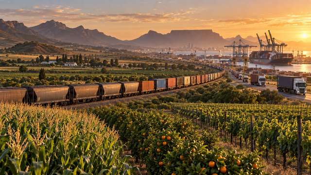 South African maize, citrus and vineyard production linked by freight rail and road to a container port, illustrating the logistics cost carried by agriculture.