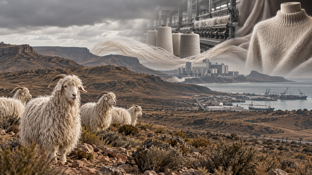 Angora goats in the Karoo with mohair processing, yarn and luxury knitwear representing the South African mohair value chain.