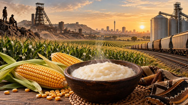 Maize, pap, South African mining, grain silos and rail infrastructure illustrating the history of South Africa’s maize economy.