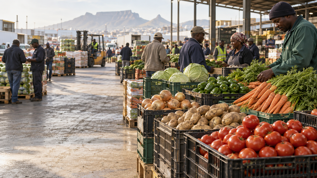 Illustrated wholesale market scene with traders and crates of fresh vegetables.