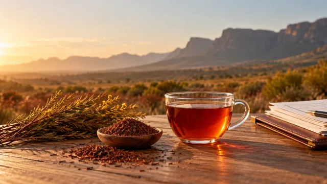 A glass of rooibos tea and rooibos leaves on a table overlooking the Cederberg mountains at sunset.