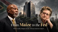 Lesetja Kganyago and Gill Marcus in front of the South African Reserve Bank, illustrating South Africa's inflation and interest-rate debate.