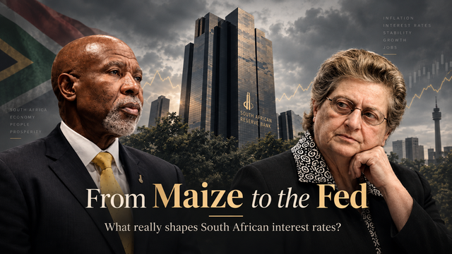 Lesetja Kganyago and Gill Marcus in front of the South African Reserve Bank, illustrating South Africa's inflation and interest-rate debate.