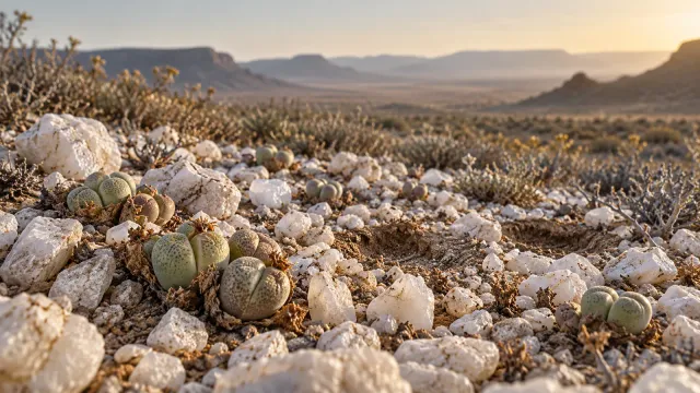 Rare pebble-like succulents growing among white quartz stones in South Africa's arid Succulent Karoo.